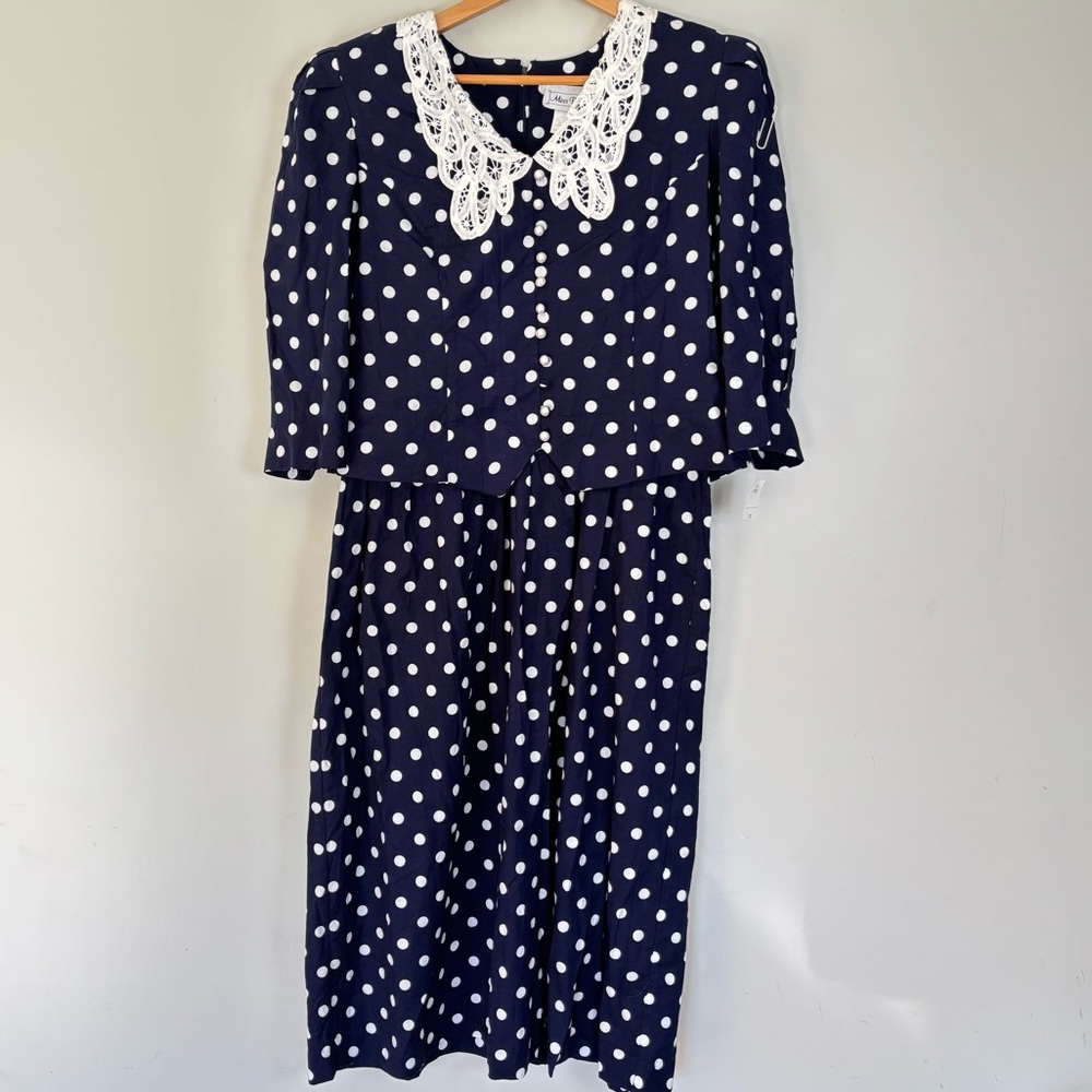 VTG 1980s Miss Dorby Polka Dot Maxi Dress-Lace Collar-Size 12P-NWT-Cottagecore